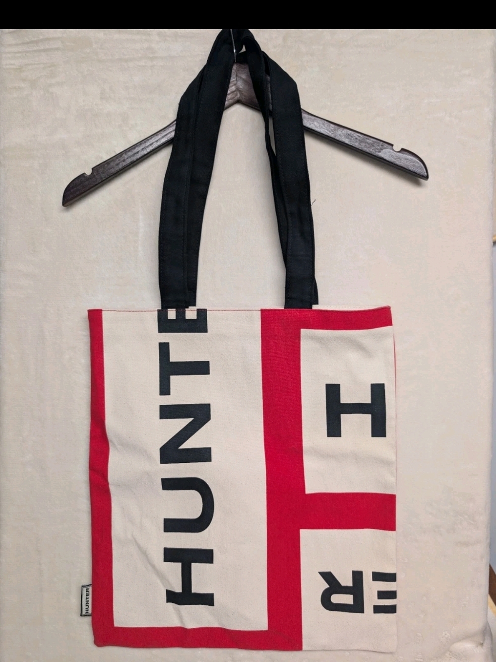 Hunter Natural Canvas Tote with Black Text and Red Trim